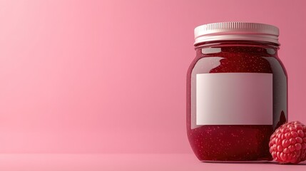 Poster - A clean and elegant image of a raspberry jam jar with a blank label, styled against a solid pink background, perfect for showcasing custom labels
