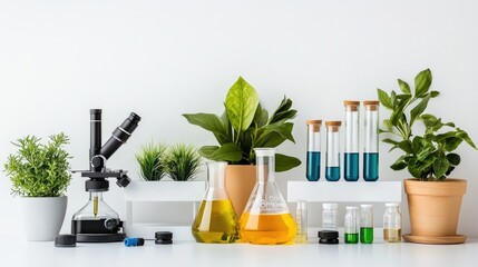 Aufkleber - A clean and minimalist eco-friendly laboratory setup, with beakers, plants, and sustainable tools, emphasizing green chemistry practices against a white backdrop