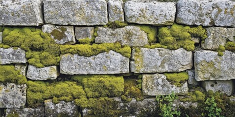 Fototapete - Limestone forms an old mossy stonewall, showcasing the beauty and texture of aged limestone, where the moss adds a vibrant touch to the rugged limestone structure.