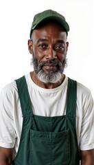 Wall Mural - African American man in green overalls with cap on white background. For landscaping services, gardening work, agricultural maintenance, warehouse operations, technical service.