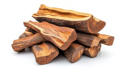 Poster - A close-up of a rustic stack of firewood logs, focusing on the unique shapes and textures of the wood, isolated on a crisp white backdrop