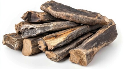 Poster - A close-up of a rustic stack of firewood logs, focusing on the unique shapes and textures of the wood, isolated on a crisp white backdrop