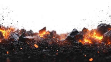 Poster - A close-up of smoldering coals with warm embers flickering amidst the dark pile, isolated against a clean white background, creating a fiery, dramatic scene