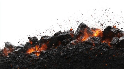Poster - A close-up of smoldering coals with warm embers flickering amidst the dark pile, isolated against a clean white background, creating a fiery, dramatic scene