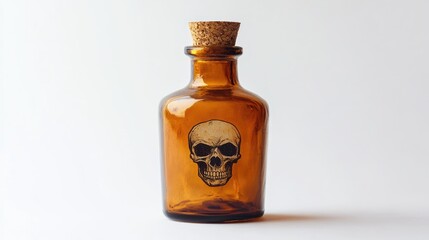 Poster - A close-up shot of an old-fashioned brown glass poison bottle, featuring a cork stopper and skull icon, isolated against a clean white background