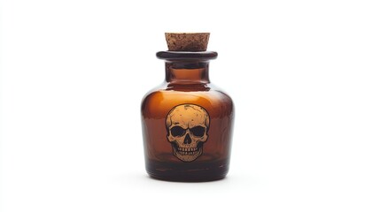 Poster - A close-up shot of an old-fashioned brown glass poison bottle, featuring a cork stopper and skull icon, isolated against a clean white background