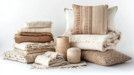 Poster - A collection of handcrafted textiles in warm, natural hues, elegantly displayed on a white background to highlight their organic textures and craftsmanship