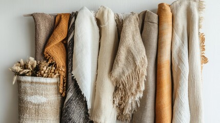 Poster - A collection of handcrafted textiles in warm, natural hues, elegantly displayed on a white background to highlight their organic textures and craftsmanship