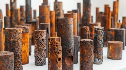 Aufkleber - A collection of rusted and corroded metal piles, carefully arranged with intricate details, placed on a white surface to emphasize the worn texture