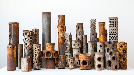 Aufkleber - A collection of rusted and corroded metal piles, carefully arranged with intricate details, placed on a white surface to emphasize the worn texture