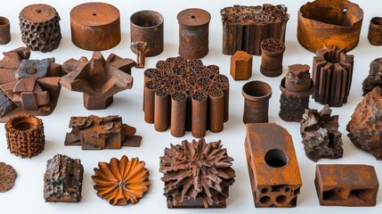 Aufkleber - A collection of rusted and corroded metal piles, carefully arranged with intricate details, placed on a white surface to emphasize the worn texture
