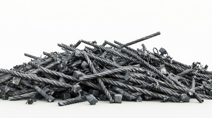Poster - A collection of twisted rods and jagged metal pieces in a heap, with detailed textures, isolated on a seamless white backdrop for a rugged industrial look