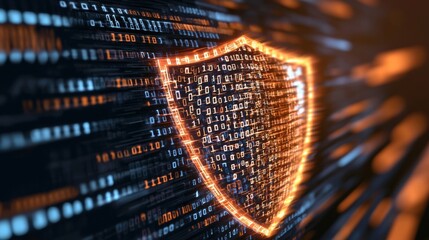 Poster - Cybersecurity visualization binary codes merging into shield design digital space graphic art abstract viewpoint