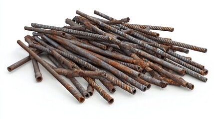 Poster - A collection of twisted rods and jagged metal pieces in a heap, with detailed textures, isolated on a seamless white backdrop for a rugged industrial look