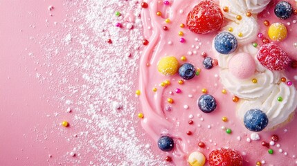 Poster - A creative shot of colorful toppings against a textured pink icing sugar backdrop, perfect for showcasing a fun, sweet treat