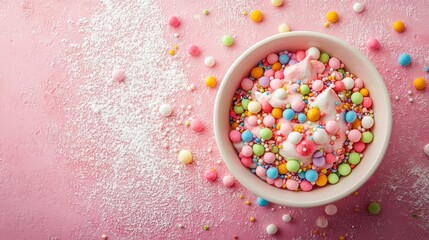 Poster - A creative shot of colorful toppings against a textured pink icing sugar backdrop, perfect for showcasing a fun, sweet treat