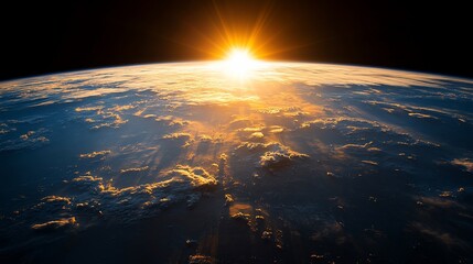 Wall Mural - Sunrise over Earth, seen from space, showing clouds and atmosphere.