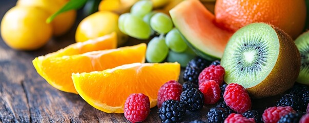 Poster - Fresh sliced oranges, kiwi, berries, and other fruits resting on rustic wooden table