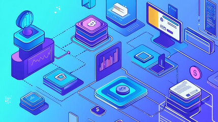 Poster - Abstract blockchain technology cryptocurrency and fintech square cube crypto operations Connect block, data transmission, new technology system, Vector illustration.