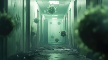 Aufkleber - A dark, eerie hallway overrun with mold and bacteria, with floating viral particles hinting at the degradation and decay of an abandoned space