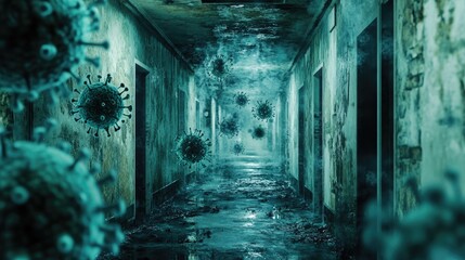Aufkleber - A dark, eerie hallway overrun with mold and bacteria, with floating viral particles hinting at the degradation and decay of an abandoned space