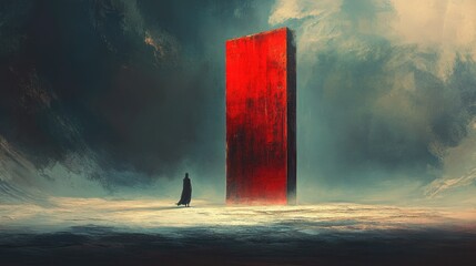Poster - A dreamlike, surreal art piece with a mystical figure standing alone as a giant red door floats above the horizon, creating an eerie and thought-provoking scene