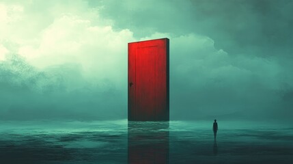 Poster - A dreamlike, surreal art piece with a mystical figure standing alone as a giant red door floats above the horizon, creating an eerie and thought-provoking scene