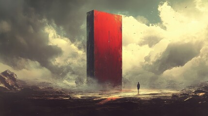 Poster - A dreamlike, surreal art piece with a mystical figure standing alone as a giant red door floats above the horizon, creating an eerie and thought-provoking scene