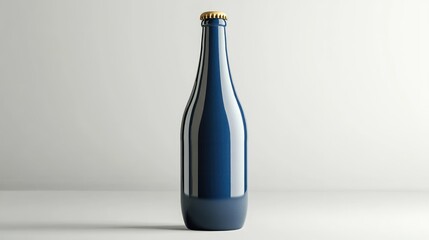 Poster - A glossy blue beer bottle featuring a blank label, isolated on a neutral grey background, ideal for showcasing new product designs or branding concepts