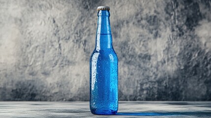 Poster - A glossy blue beer bottle with a blank label, isolated against a grey background, perfect for showcasing custom product design or branding concepts