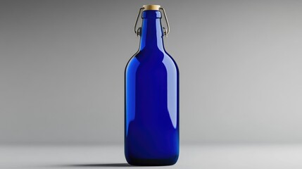 Poster - A glossy blue beer bottle with a blank label, isolated against a grey background, perfect for showcasing custom product design or branding concepts
