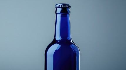 Poster - A glossy blue beer bottle with a blank label, isolated against a grey background, perfect for showcasing custom product design or branding concepts