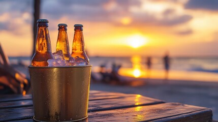 Poster - A group of chilled beer bottles in a golden ice bucket, resting on a wooden table with a blurry beach sunset in the background, ideal for summer gatherings
