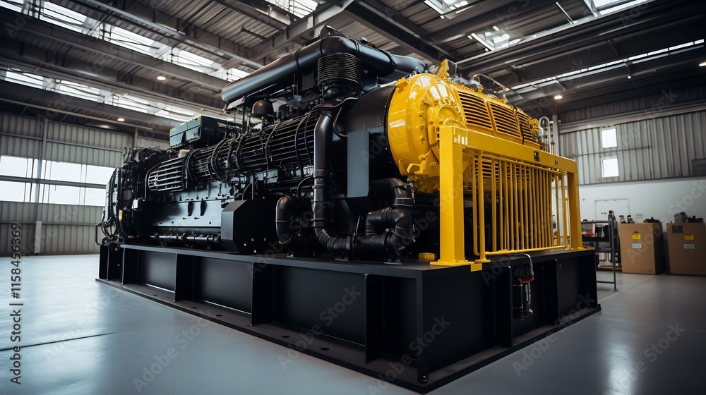 Powerful diesel generator operating inside a large industrial facility ...