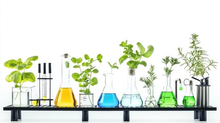 Poster - A laboratory featuring eco-friendly beakers, plants, and green chemistry tools, symbolizing sustainability in science, set against a pure white background