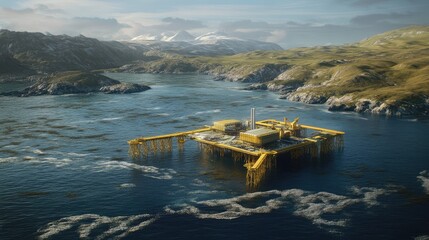Aufkleber - A large ocean platform engaged in carbon capture and storage, surrounded by open water and rugged coastal land