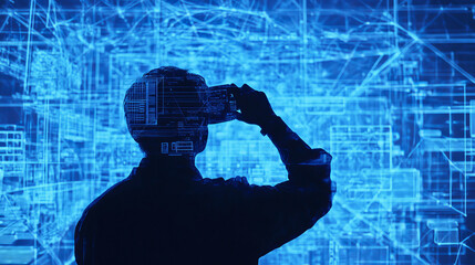 Poster - abstract technology concept line triangle and points businessman low poly finger pointing futuristic virtual hologram communication system link business connection on hi tech blue background.Vector 
