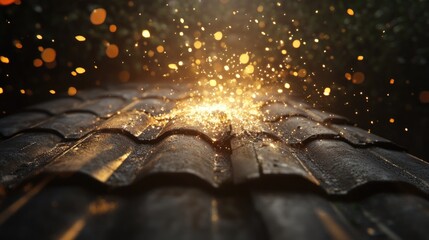 Poster - A luminous void breaking through a ceramic roof tile, sending shards of bright light scattering across a moody, dark background, creating a dramatic effect