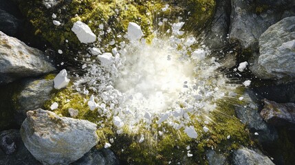 Poster - A luminous white void breaking through a mossy rock, scattering pieces of rock and moss, creating an ethereal effect with a dramatic background