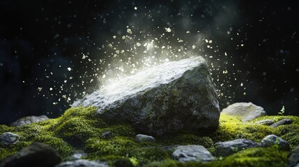 Poster - A luminous white void breaking through a mossy rock, scattering pieces of rock and moss, creating an ethereal effect with a dramatic background