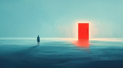 Poster - A minimalist and surreal digital artwork showcasing an ethereal figure surrounded by vast emptiness, with a glowing red door hovering in the distance