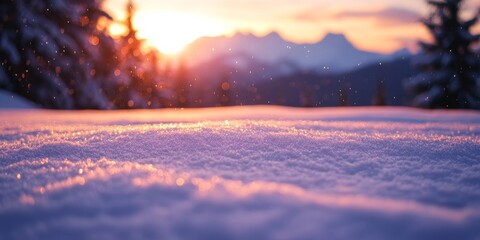 Wall Mural - Snow covered surface glowing in the warm light of the setting sun, with an out of focus background featuring trees and the striking profile of mountains under a vibrant sunset sky.