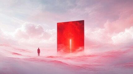 Poster - A minimalist and surreal digital artwork showcasing an ethereal figure surrounded by vast emptiness, with a glowing red door hovering in the distance