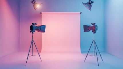 Poster - A minimalist photography studio with two mounted cameras aimed at a soft pastel-colored backdrop, perfect for professional shoots