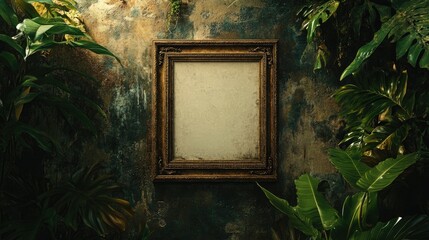 Poster - a mockup of an empty, blank wooden frame hanging on a wall, with lush green plants placed beside it,