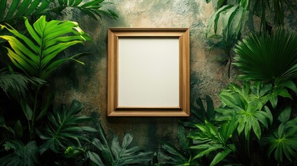 Poster - a mockup of an empty, blank wooden frame hanging on a wall, with lush green plants placed beside it,