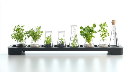 Poster - A modern eco-friendly laboratory with beakers and plants, symbolizing sustainable practices in green chemistry, isolated on a pristine white background