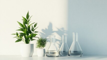 Poster - A modern eco-friendly laboratory with beakers and plants, symbolizing sustainable practices in green chemistry, isolated on a pristine white background