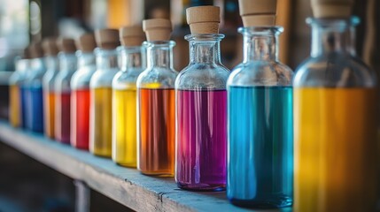 Poster - A neat row of glass jars filled with brightly colored liquids, each one showcasing its unique hue and texture, creating a vibrant and artistic display