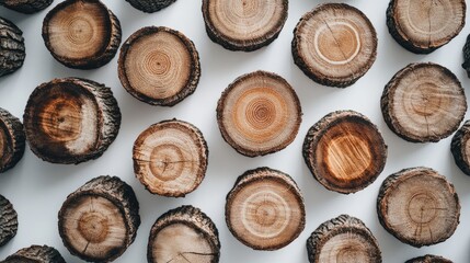 Poster - A pile of round firewood logs, featuring rough bark and visible wood grain details, neatly arranged on a white background for a clean, natural aesthetic